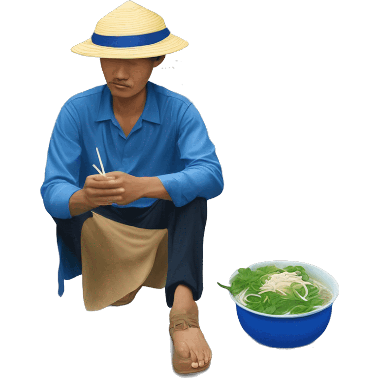 filipno man wearing vietnamse leaf hat sitting on the ground outside on the street in Vietnam eating a bowl of pho - the bowl itself is on a blue plastic stool emoji