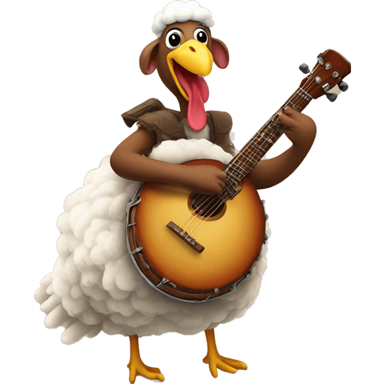 turkey playing a banjo while riding a sheep emoji