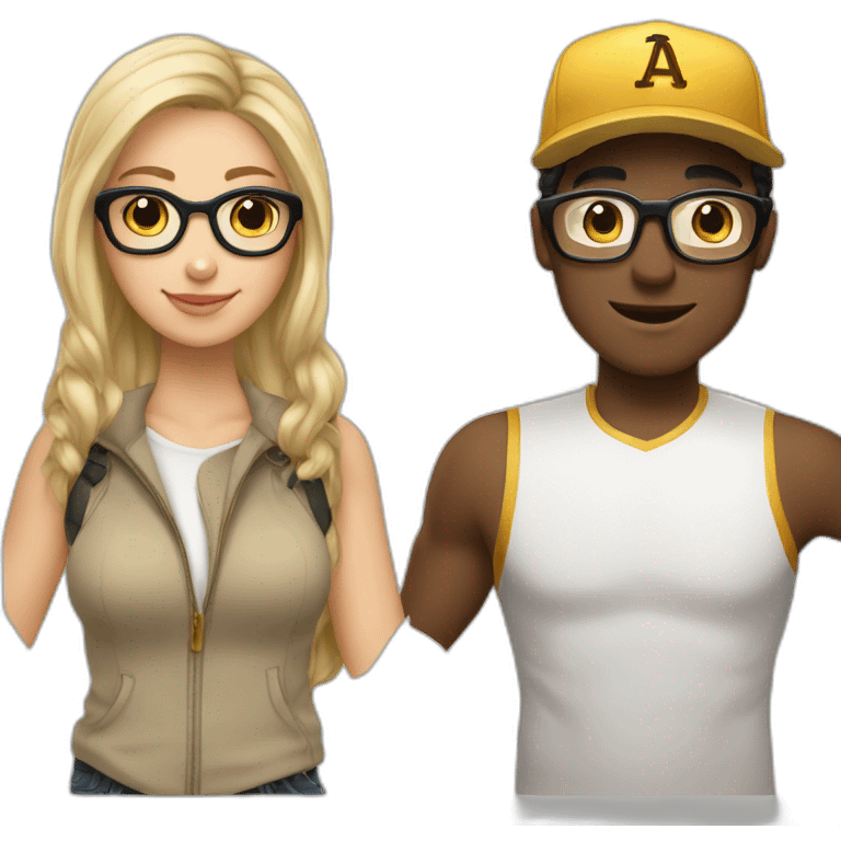 A Women with darkbrown hair and glasses in Love with a blond Man with gold glasses and a baseballcap emoji