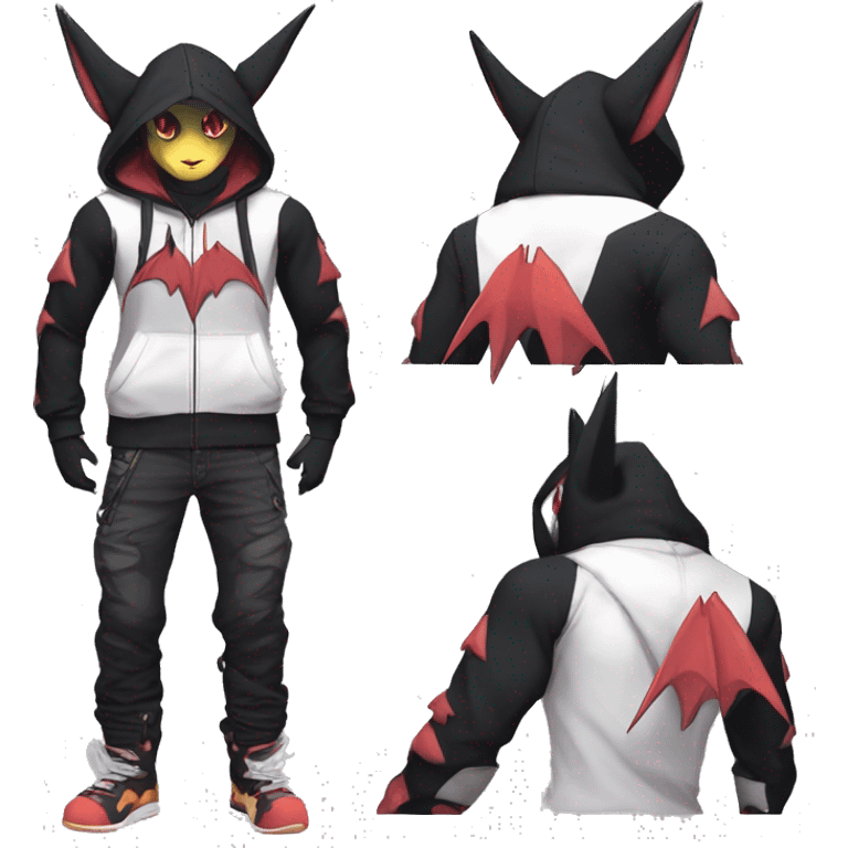 Dark Black Unique Anthro Cool Kawaii Horned Bat-Winged Noivern-Zangoose-Litten-Feline-Pokémon with edgy stripes Punk Hoodie emoji