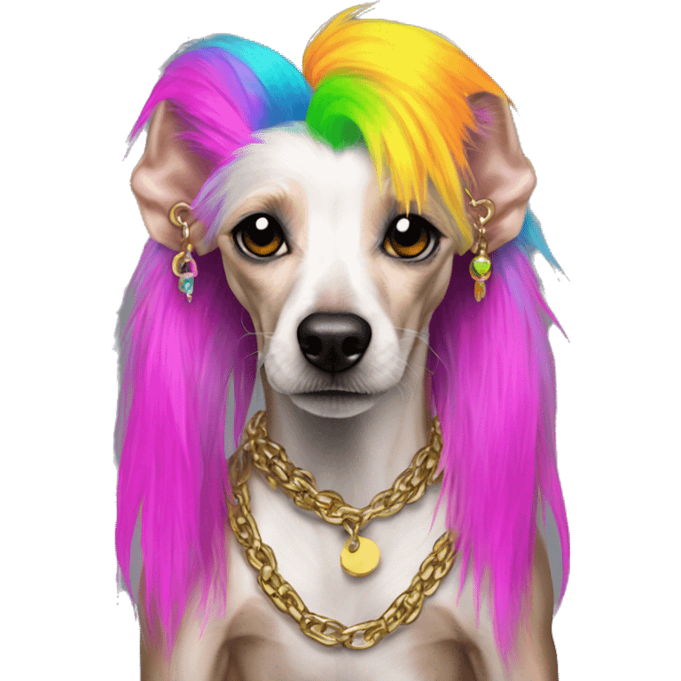 Punk Chinese crested dog neon rainbow hair gold chain punk piercings tattoos punk ear piercings emoji