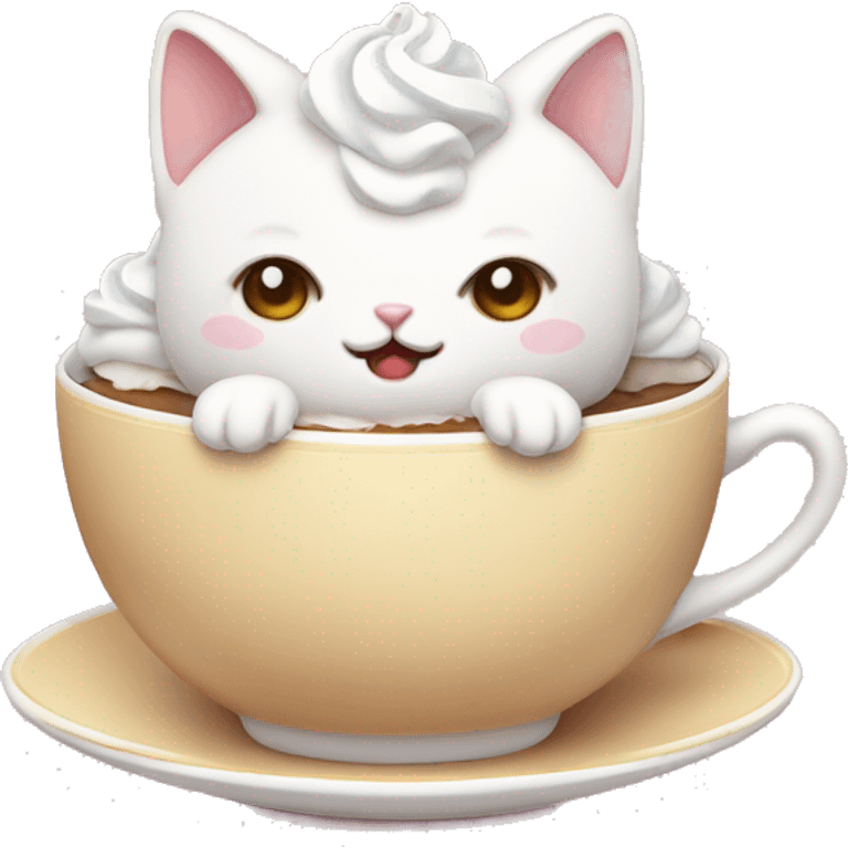 Kawaii cat sitting in a teacup with whipped cream on its head, dessert themed emoji