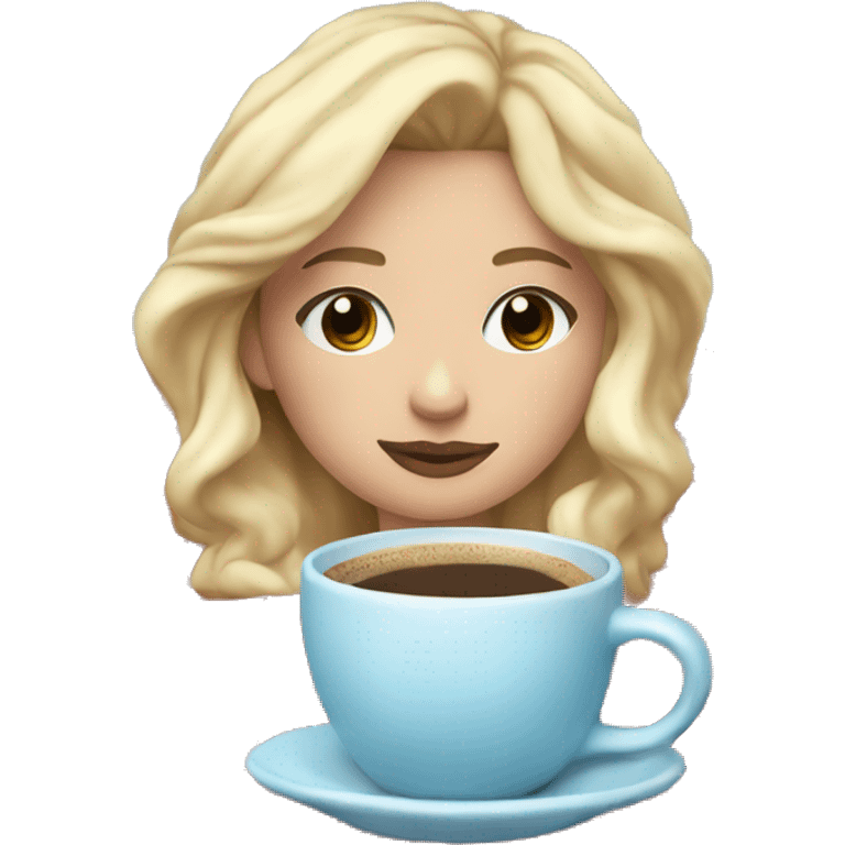 blonde girl with light blue eyes inside a Christmas blanket sipping coffee eyes closed with soft makeup emoji