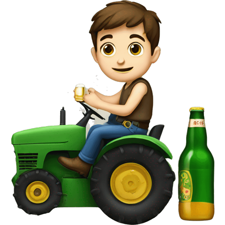 a brown haired boy siting in a tractor drinking beer emoji