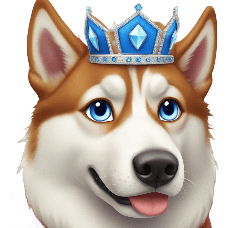 red siberian husky with blue eyes wearing a crown emoji