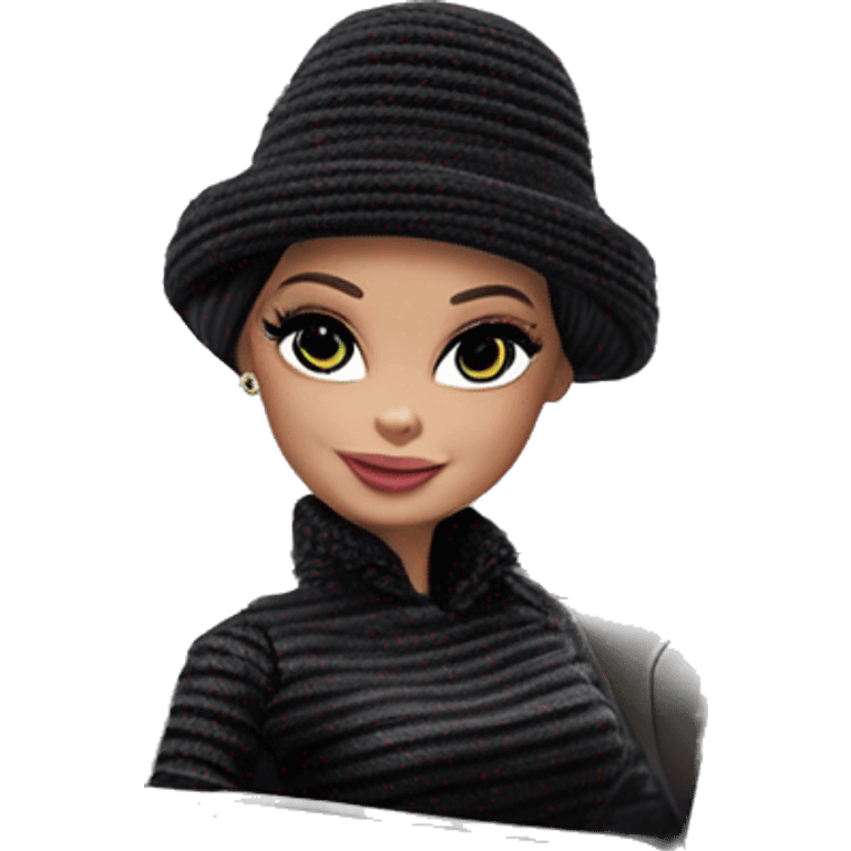 Bouclé Beauty Barbie, 1965 Wednesday Addams from academy, in dark-gray and black striped outfit with hat. Smiling Driving Mercedes convertible sports car  emoji