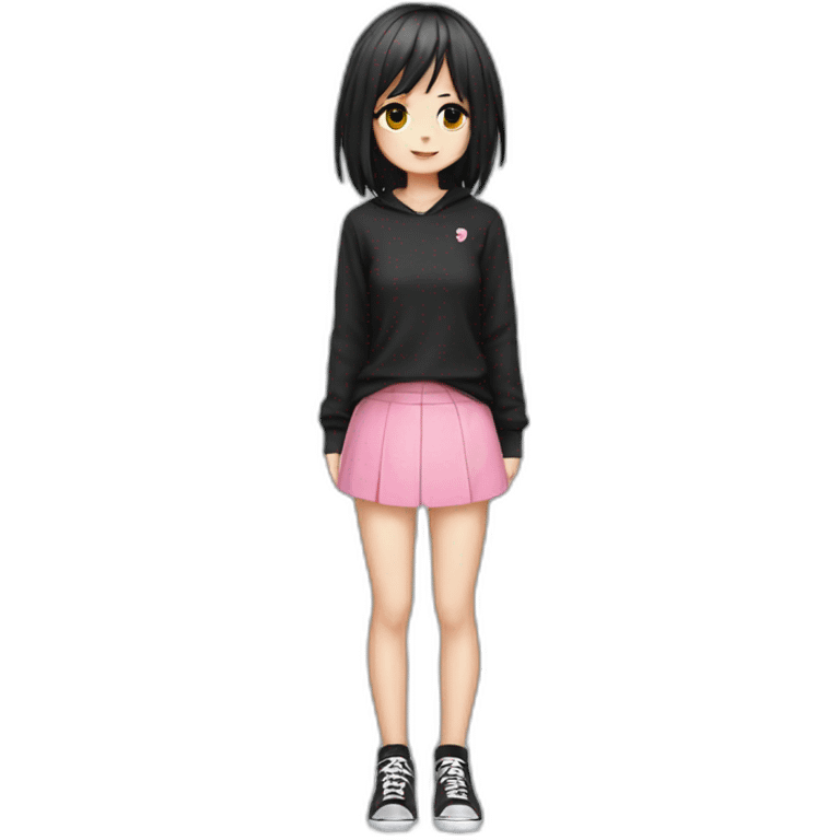 full body Front view emo girl sits on the floor black skirt pink knickers emoji