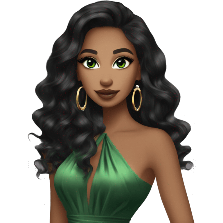 Glamorous, cocktail dress, black balayage hair, long wavy hair, olive skin, green almond eyes, winged eyeliner with big lashes, wearing hooped earrings, rings and bracelets  emoji