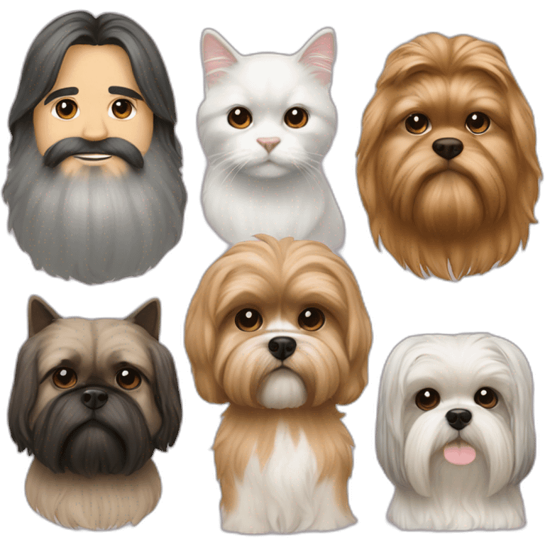 Man-Long beard-long hair-2 cats-1shihtzu emoji