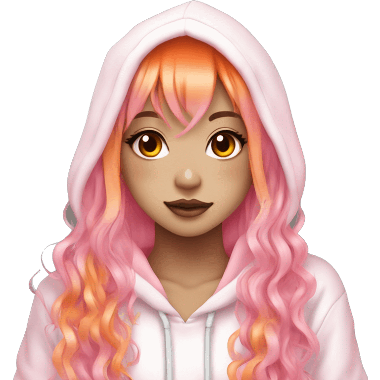 hime gyaru girl, long pink and orange hair, dark makeup, white and pink hoodie emoji