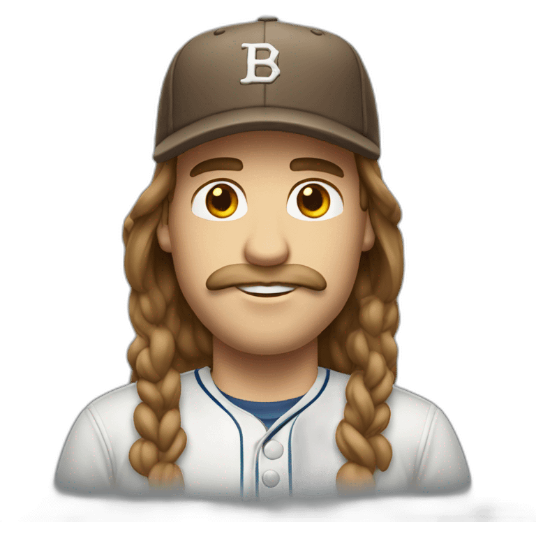 white man with long brown hair and baseball cap and mustache emoji