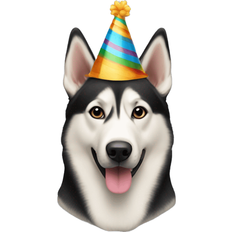 An adult husky mixed with a German shepherd with birthday hat emoji