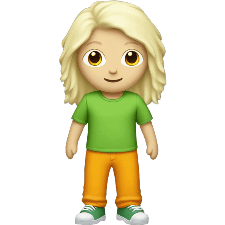 white ragdoll with orange shirt, green pants, and yellow hair  emoji