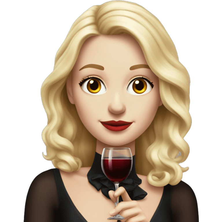 Blonde White girl in black Elegant dress with red wine, ULTRA HYPER REALISTIC emoji