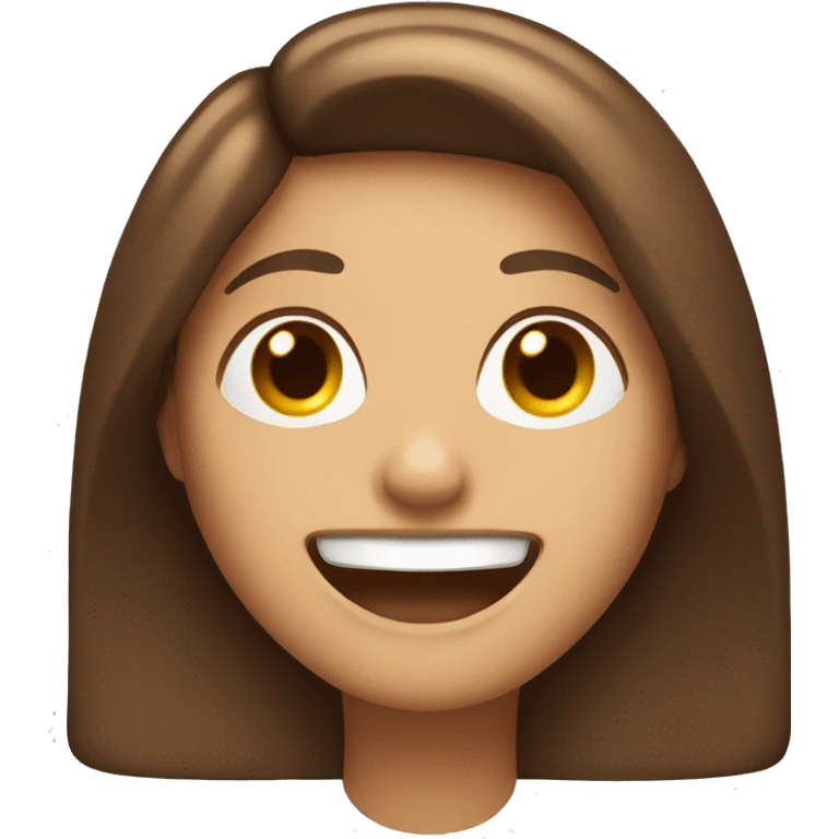 An emoji of a woman with long, straight brown hair and a large mouth, smiling with a friendly expression emoji