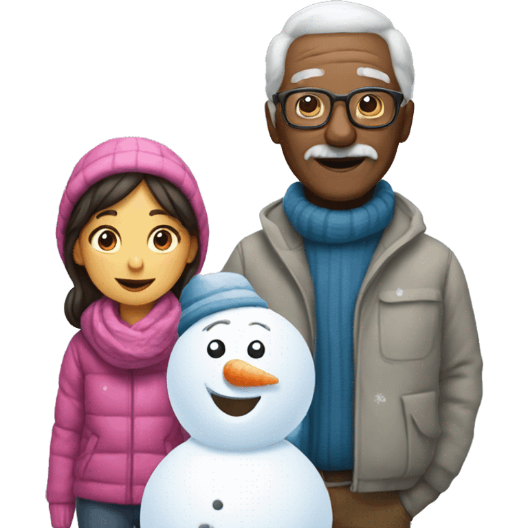 girl and grandpa building a snowman together emoji