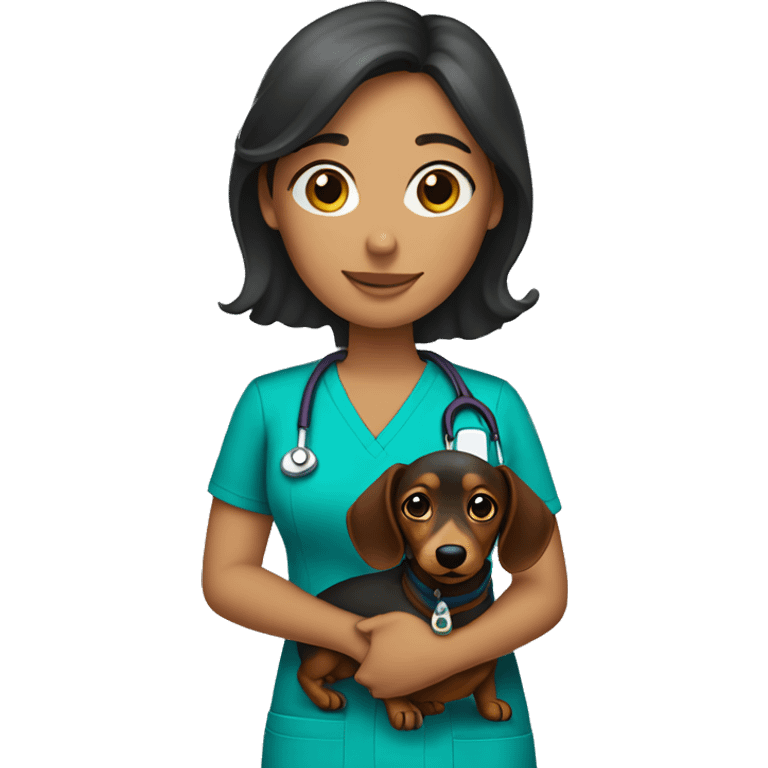 Brunette woman wearing scrubs holding a dachshund emoji