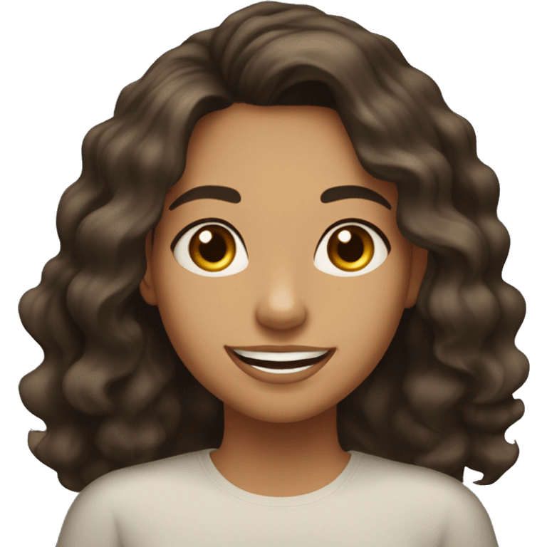 22-year-old woman. Girl with really really dark brown shoulder-length beach waves. REALLY Dark brown eyes with a HUGE OPTIMISTIC SMILE no teeth." Olive SKIN  emoji