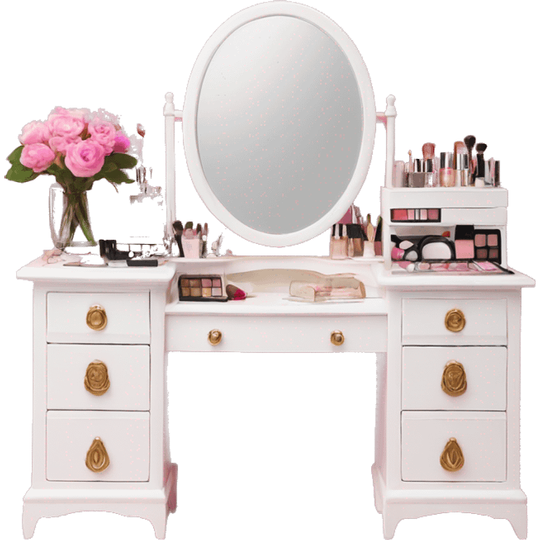 white vintage makeup vanity with pink accessories and flowers  emoji