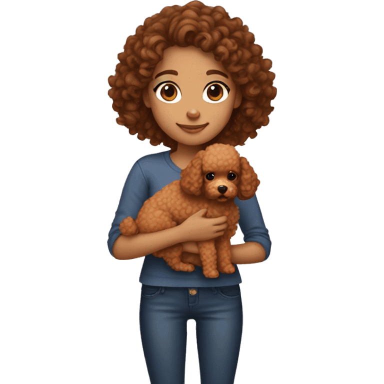 curly brown haired girl holding an apricot coloured poodle emoji