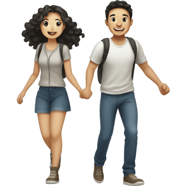 Cute Asian couple (girl with curly long hair guy with short straight hair) excitedly traveling  emoji