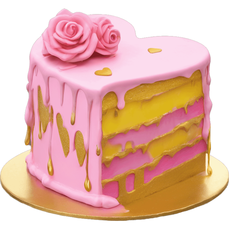 Realistic pink and yellow heart shaped layered cake with metallic gold icing dripping down the cake. emoji