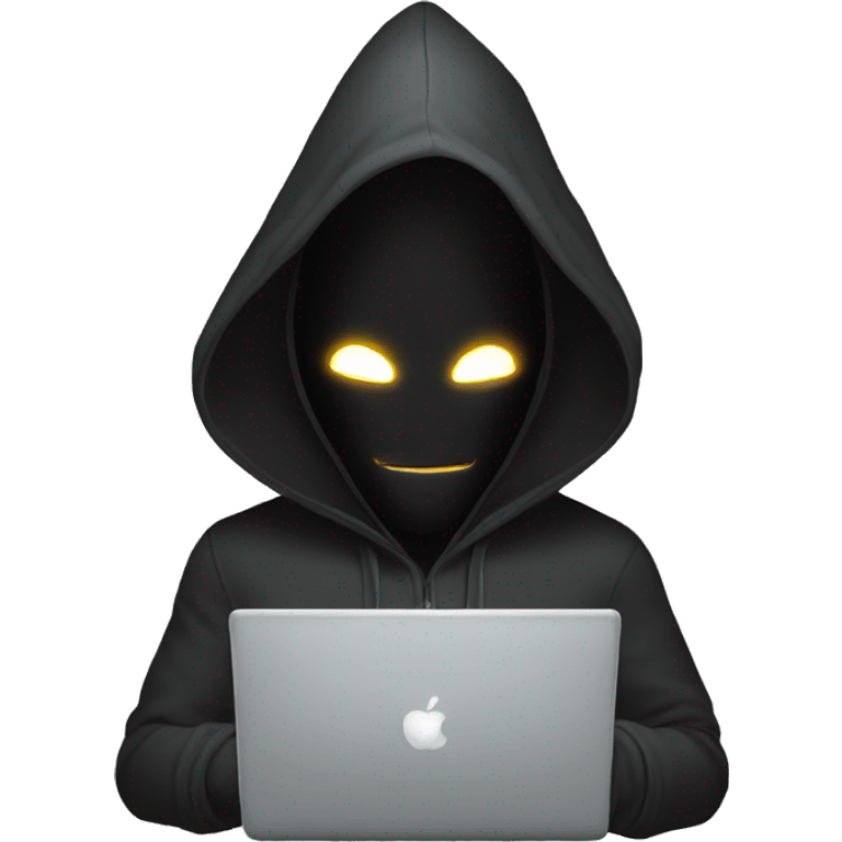 hooded masked man with a laptop and bright glowing white eyes emoji