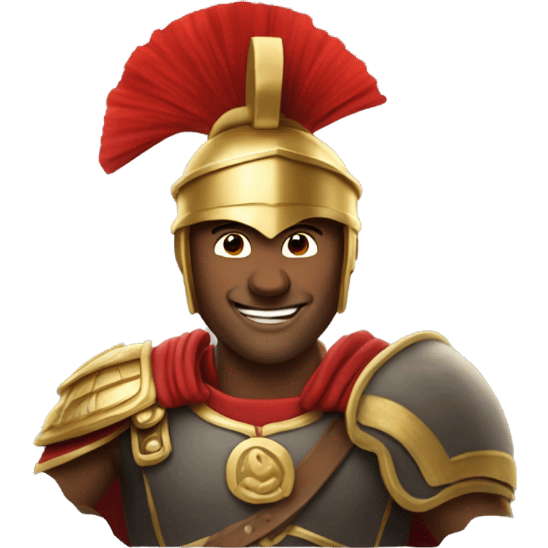 n apple emoji, of a very smiling man, who looks like a Roman warrior with a gold helmet with a red crest, background in png, no light or shadow emoji