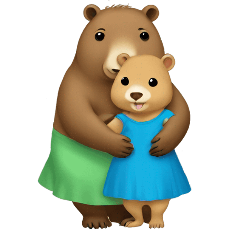 a capybara hugging a baby bear. the capybara is wearing a green dress and the bear is wearing a blue dress. emoji