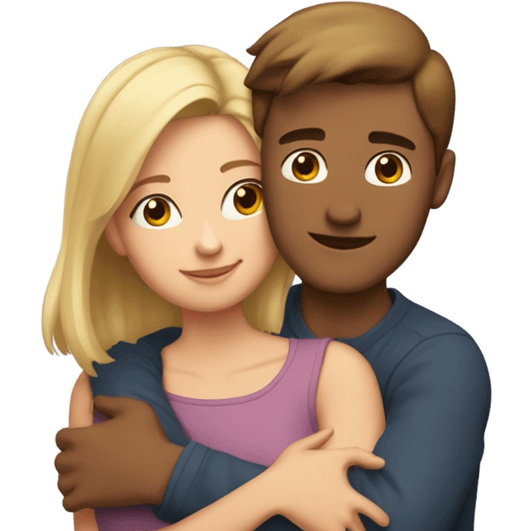 A girl with brown medium hair hugs a guy with short hair and blonde emoji