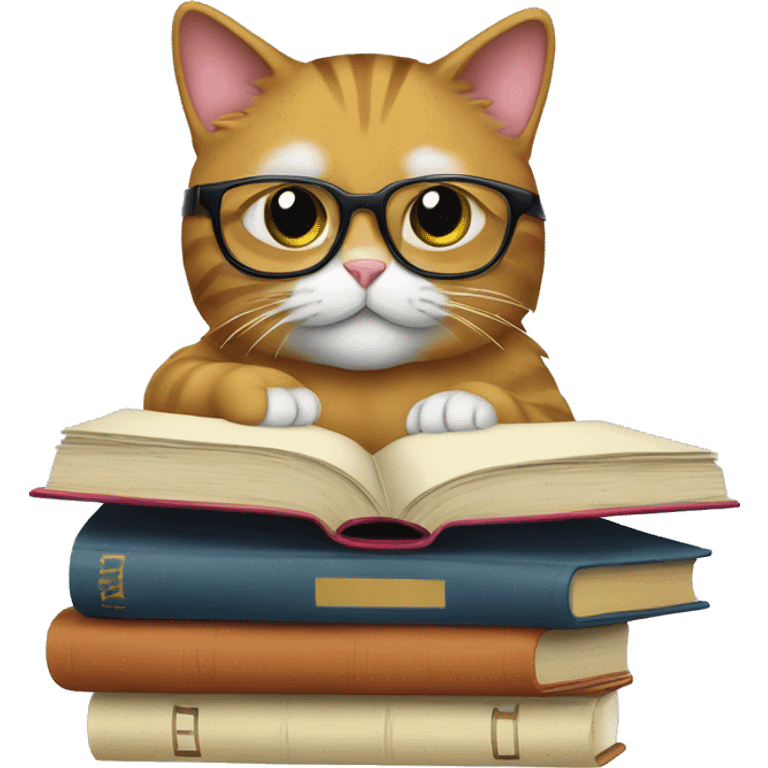 Cat studying, glasses, books, laptop emoji