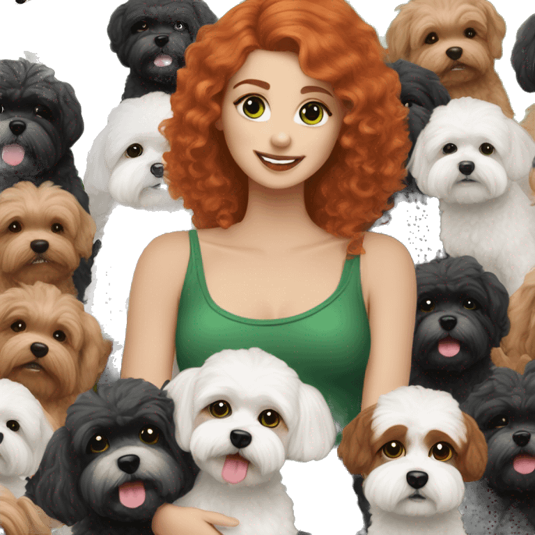 red haired girl with green eyes with her black and white Maltipoo dogs emoji