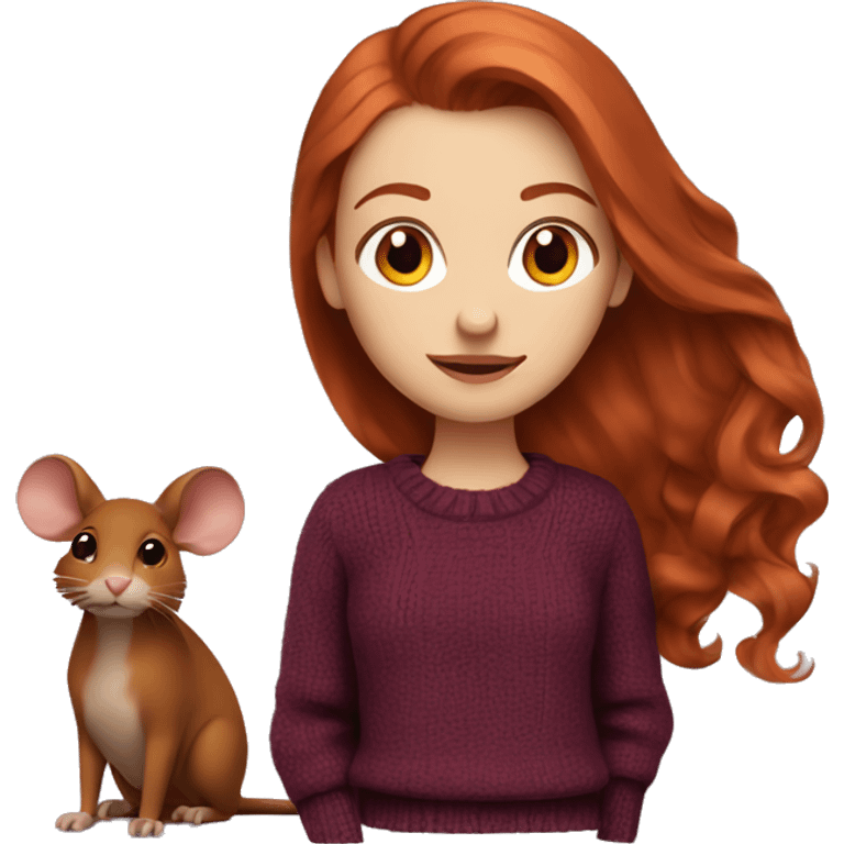 redhead girl with long hair and Dyson styling in a burgundy sweater and a rat on her shoulder emoji