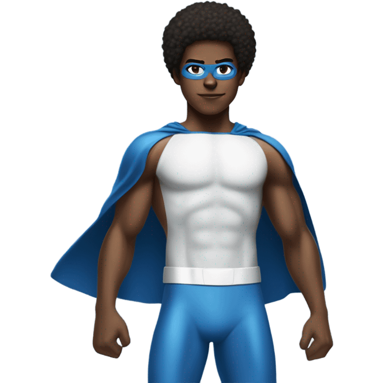 A full body Muscular Afro teenage boy in a Blue Mr. Fantastic superhero costume with a backward number 4 on the chest. emoji