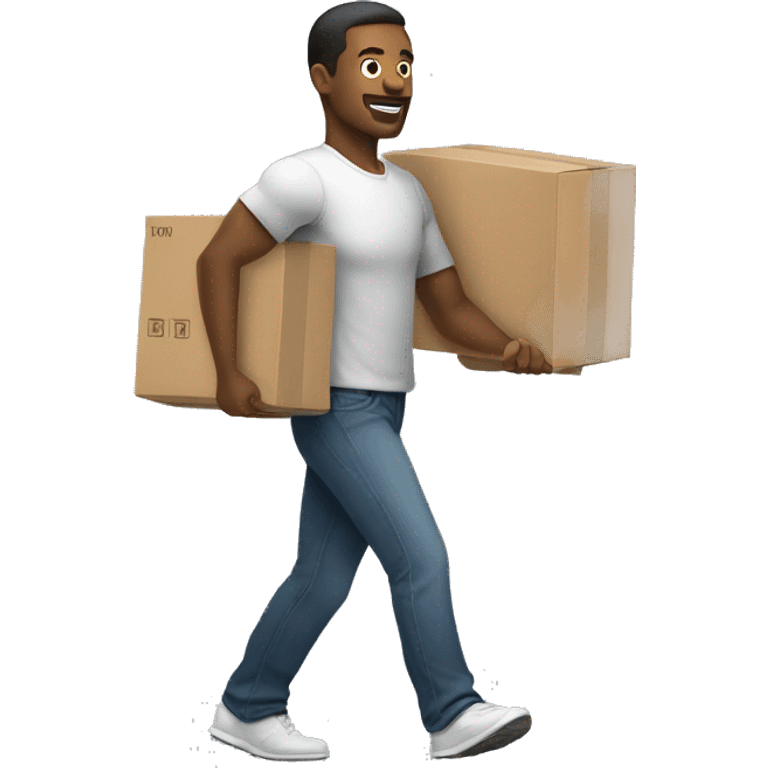 A man walking while carrying a few boxes and weights. More than he should be able to carry emoji