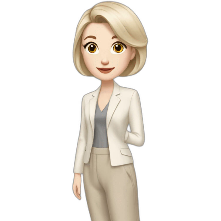 pale skin woman with ash blonde Straightened bob Hair, White Spacious classical jacket, beige palazzo Arrow pants and gray blouse holding a color palette in the hands emoji