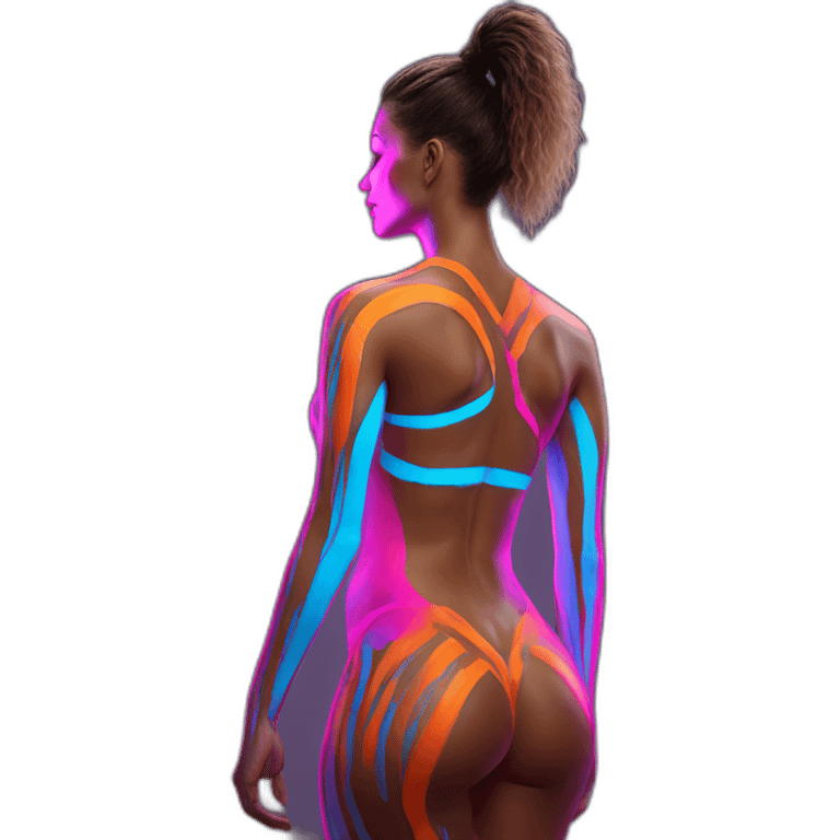 Hyper-realistic neon sculpture showing tall sultry fitness model in striped body paint from behind emoji