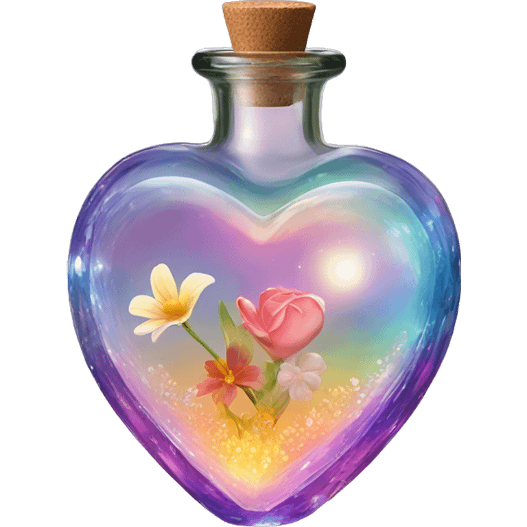 Antique oil heart bottle made of crystal glass of all gentle colors of the light rainbow, a living flower fairy sits at the bottom of the bottle emoji