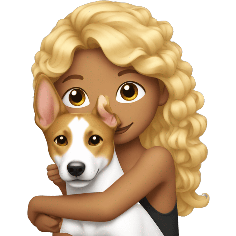 girl with curly blonde hair hugging basenji emoji