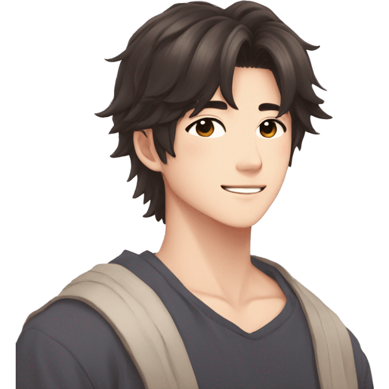 Gorgeous romantic Asian anime gentle man with blushing face aesthetic trending style outside emoji