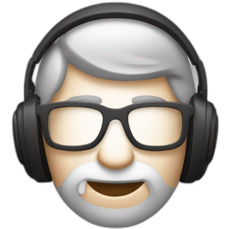 Un visage d’un homme blanc, cheveux châtain avec une barbe bien taillée des lunettes de vue, coiffé en arrière et un casque audio emoji