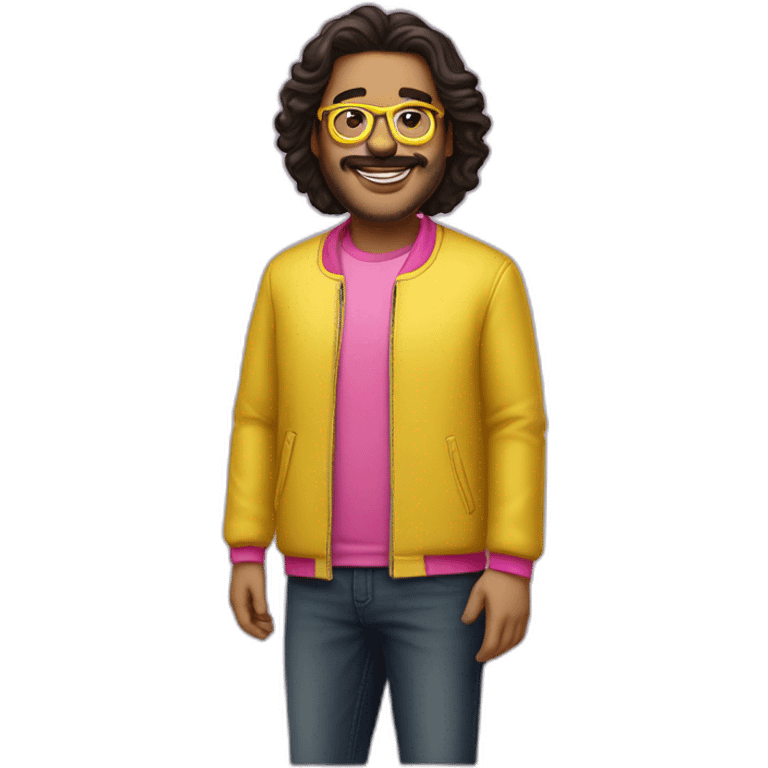 plus-sized man with dark hair,a vibrant long yellow jacket, pink glasses. Show full lenght peson emoji