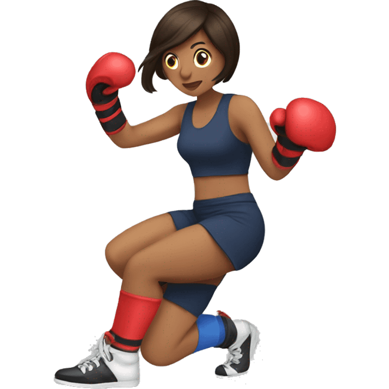 Brunette Woman kickboxing with a cast on her lag emoji