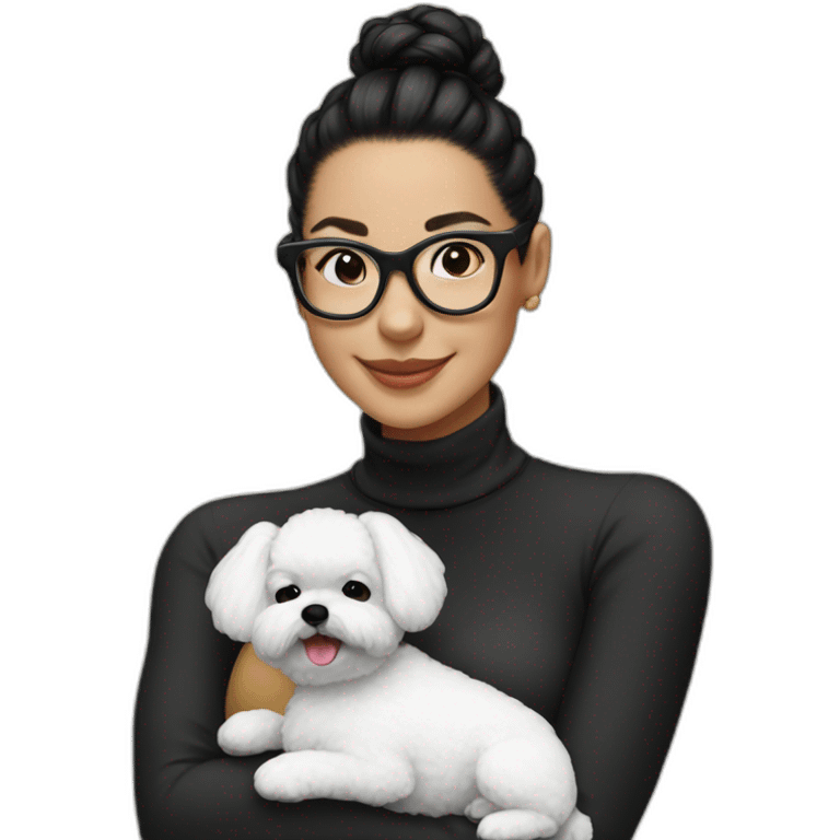 woman-black-hair-bun-with glasses-with bichon dog-white-smile-Christmas emoji