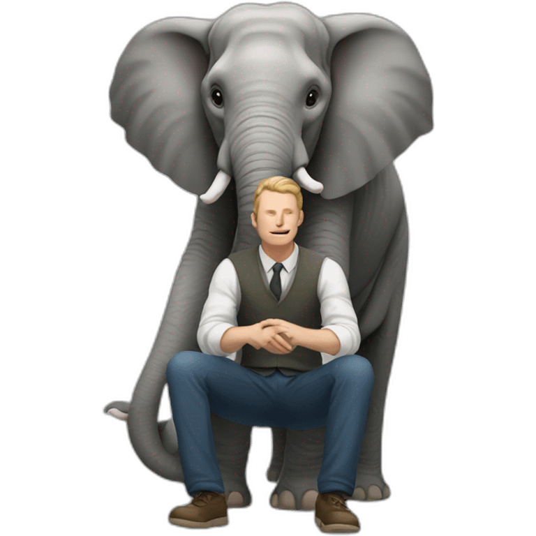 white man sitting on the ground with an elephant in his arms emoji