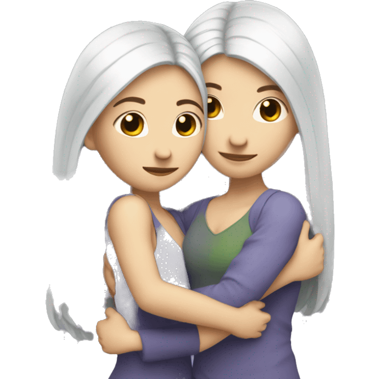 A lesbian couple with white skin and long black hair hugging intimately emoji