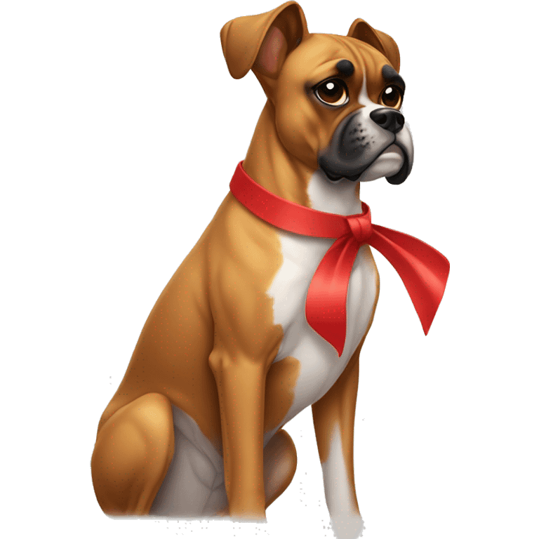 Boxer dog with a red bow on her neck and no bow on her head emoji