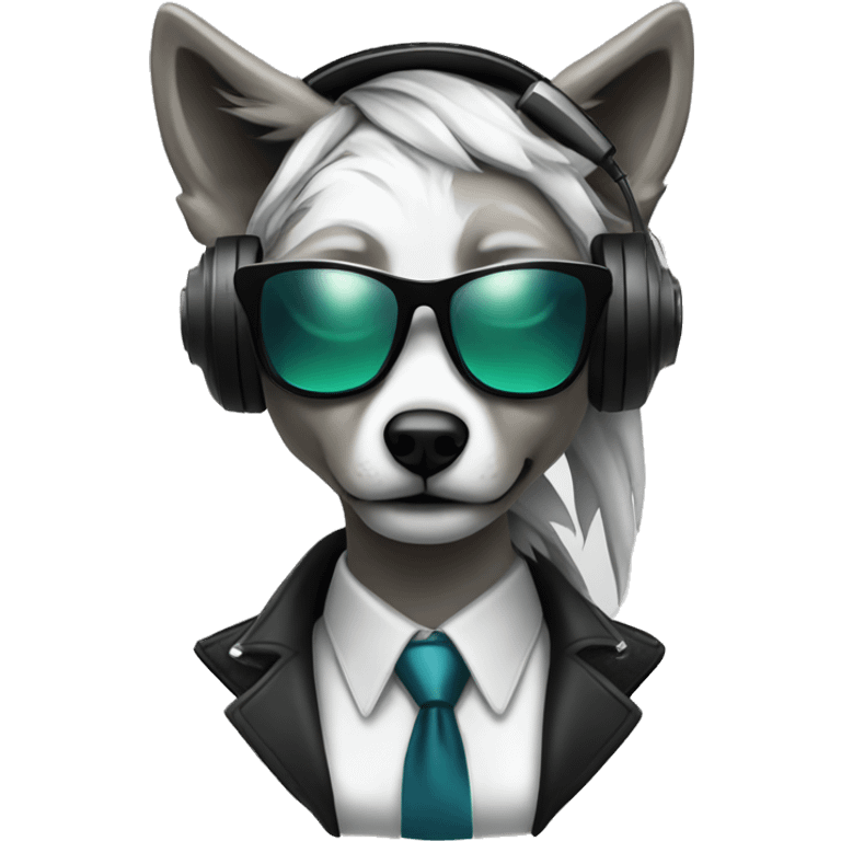 A beautiful cyberpunk female Wolf  black tie wearing sunglass and headphones emoji