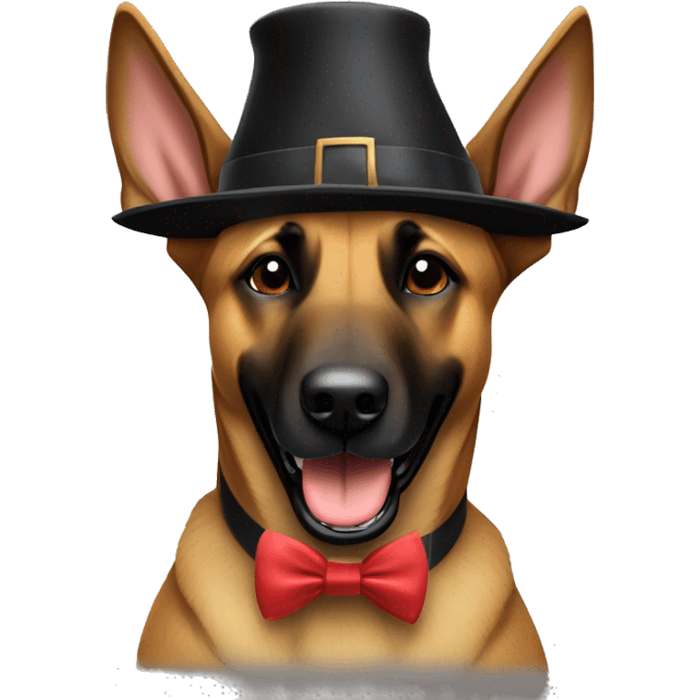 happy Belgian Malinois wearing a pilgrim hat and festive bow tie emoji