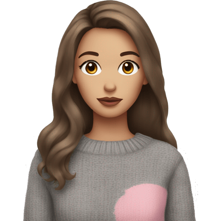 Brown hair, long eyelashes, pink lips. and a grey sweater. emoji